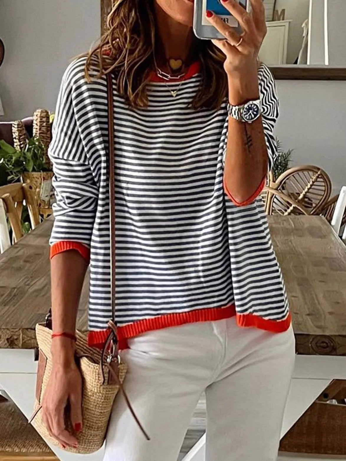 CWOSWL0811_ Long Sleeve Loose Neck Pullover Sweater: White / (XL) 1