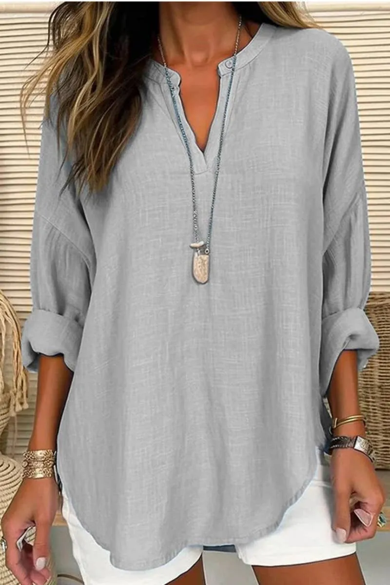 CWTBLL0260_Blouse Linen Long Sleeve Casual V Neck Top: Pink / (M) 1