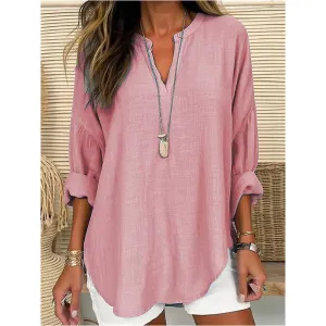 CWTBLL0260_Blouse Linen Long Sleeve Casual V Neck Top: Pink / (M) 1