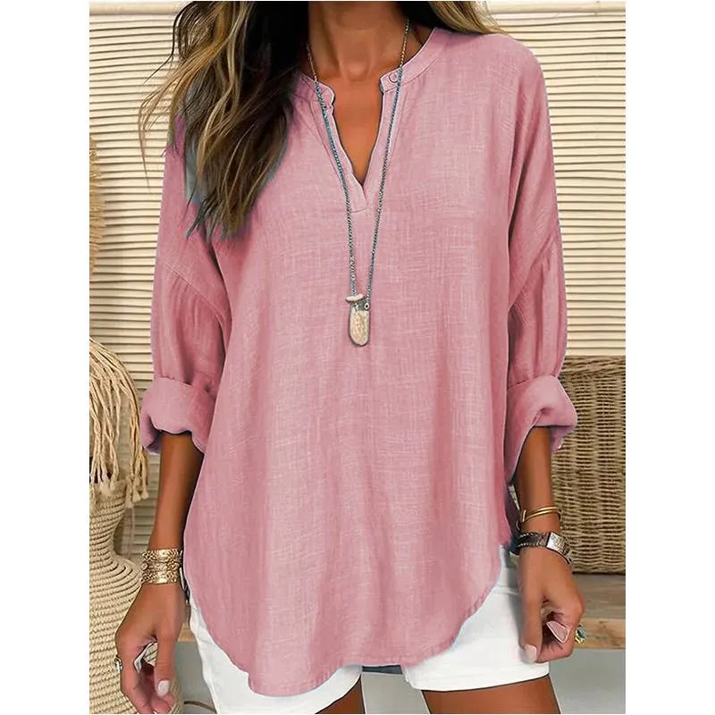 CWTBLL0260_Blouse Linen Long Sleeve Casual V Neck Top: Pink / (M) 1