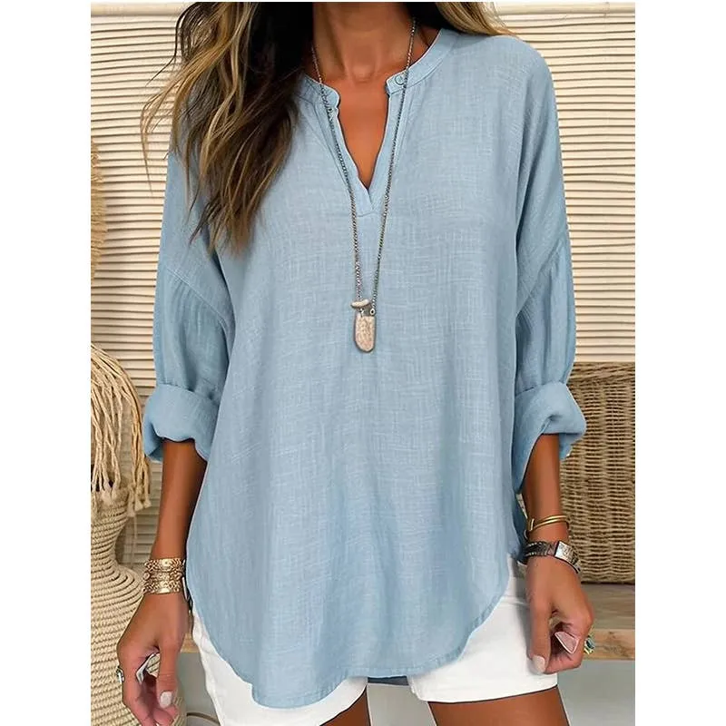 CWTBLL0260_Blouse Linen Long Sleeve Casual V Neck Top: Pink / (M) 1