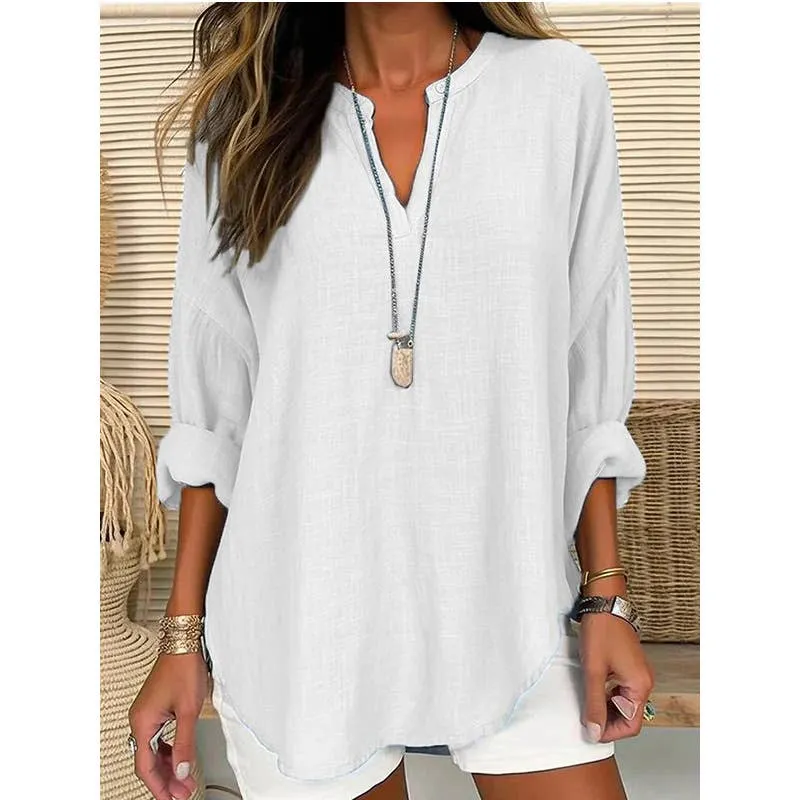 CWTBLL0260_Blouse Linen Long Sleeve Casual V Neck Top: Pink / (M) 1