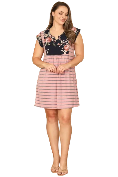 D. Pink Short Sleeve Contrast Floral Stripes Dress - Pack of 6