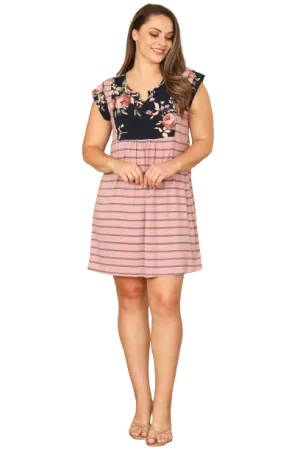 D. Pink Short Sleeve Contrast Floral Stripes Dress - Pack of 6