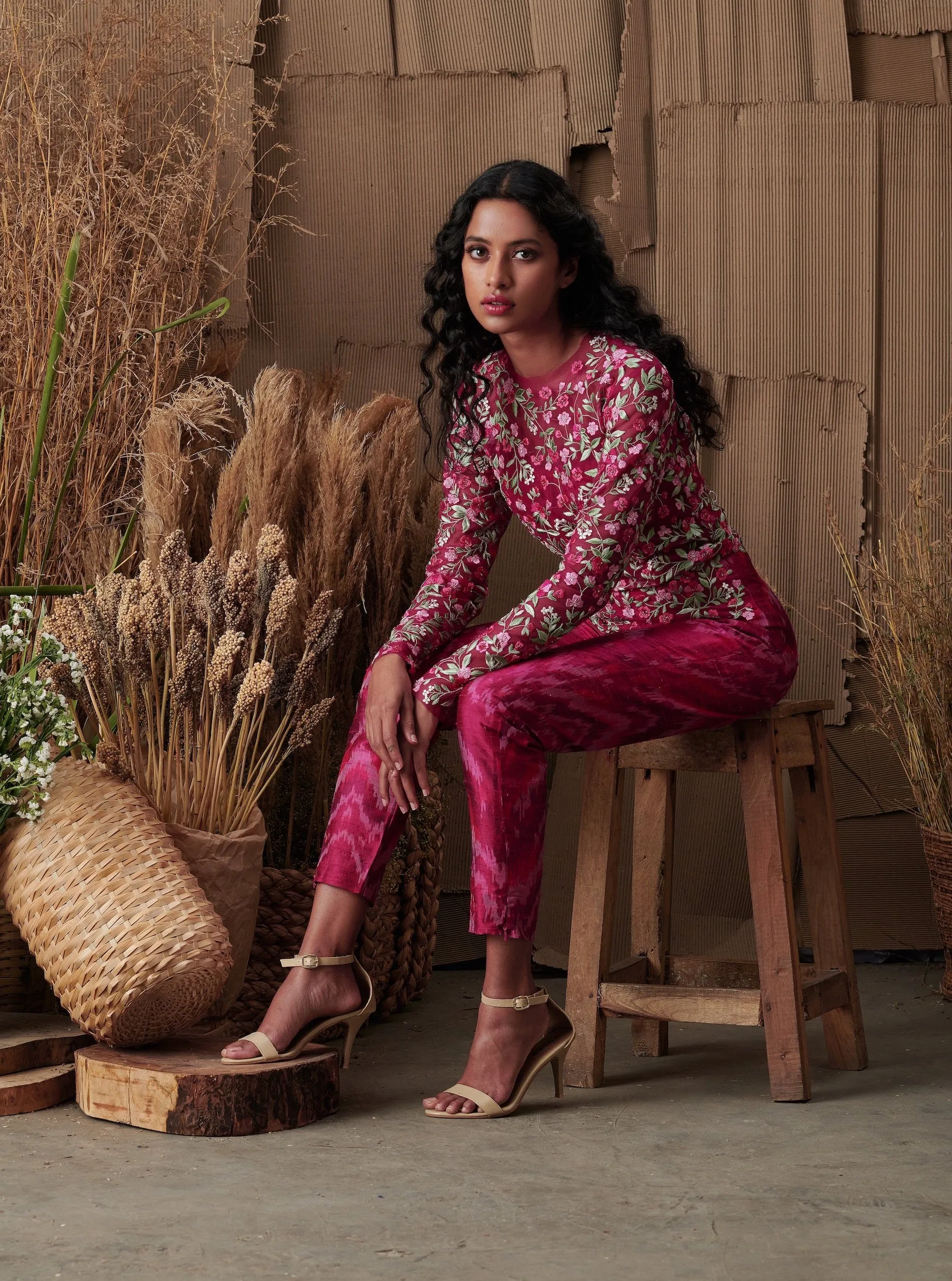 Dark Pink Ikat Floral Embroidery Jumpsuit