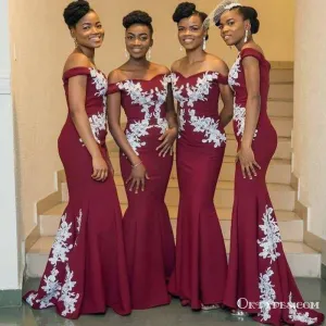 Dark Red Off Shoulder Long Cheap Bridesmaid Dresses With White Lace Applique, TYP1803