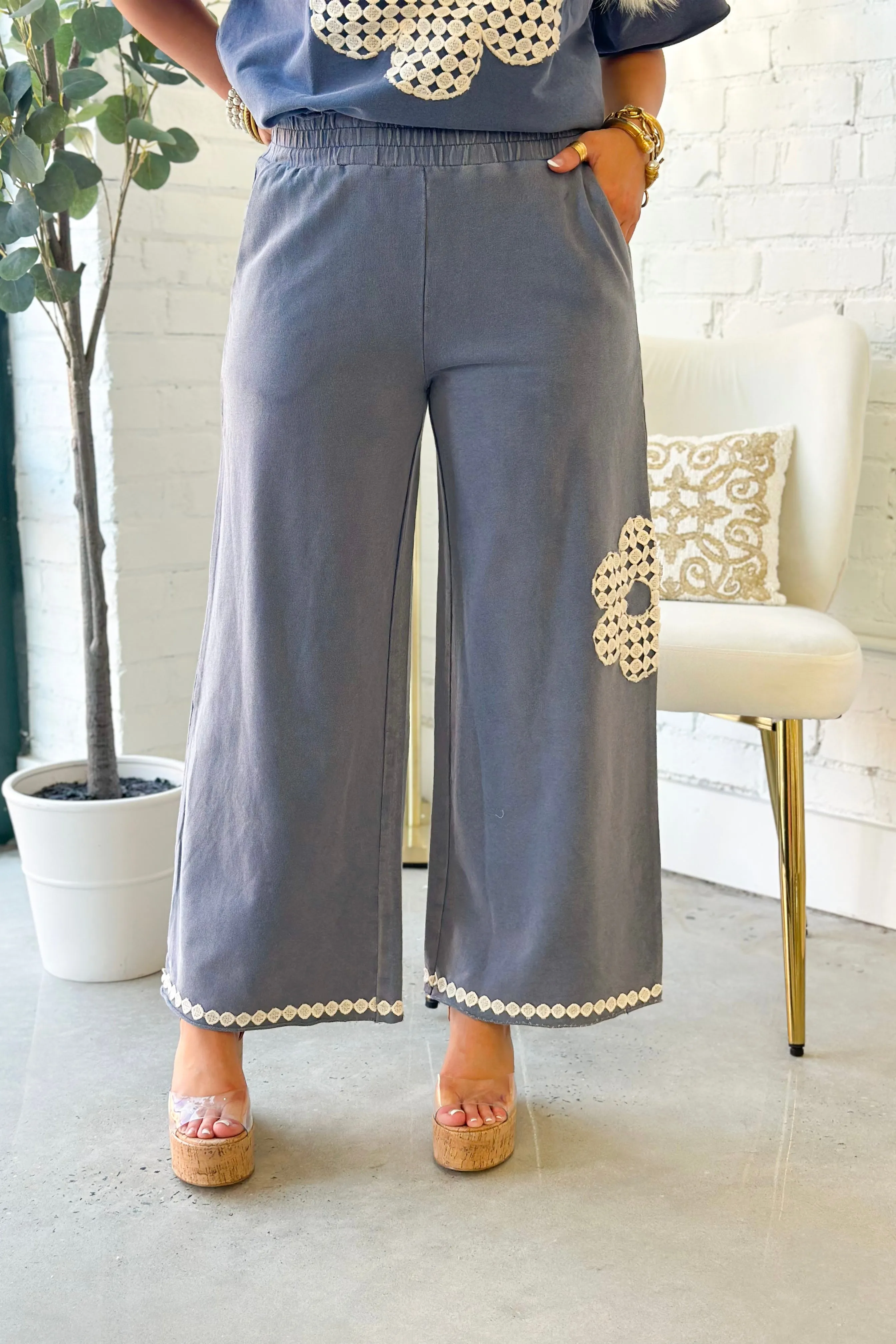 Denim Blue Crochet Flower Detail Pants