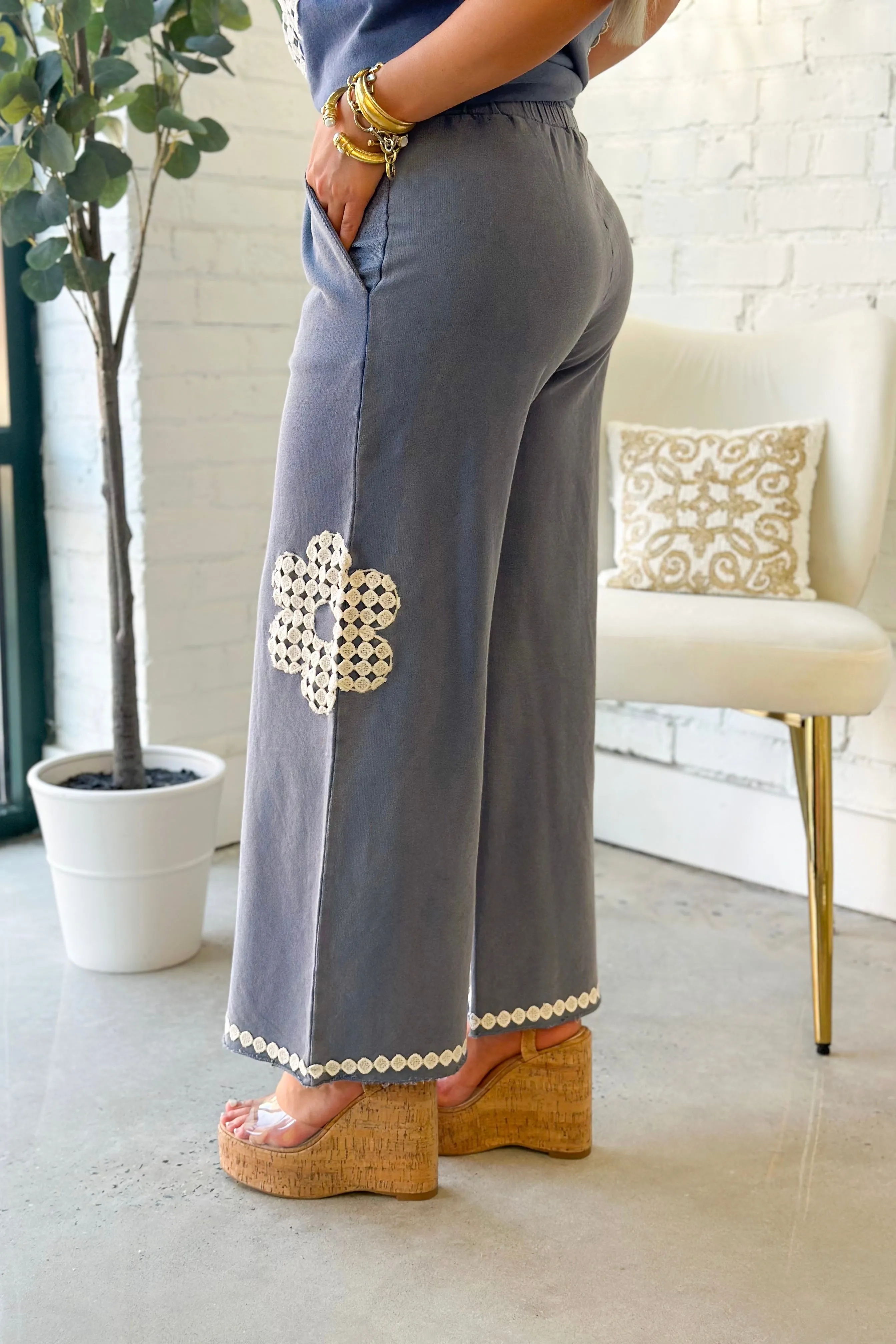 Denim Blue Crochet Flower Detail Pants