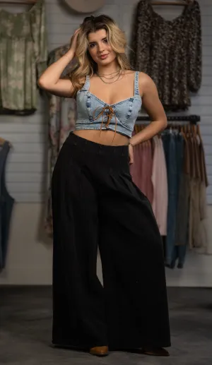Denim Suede Lace Up Corset Crop Top