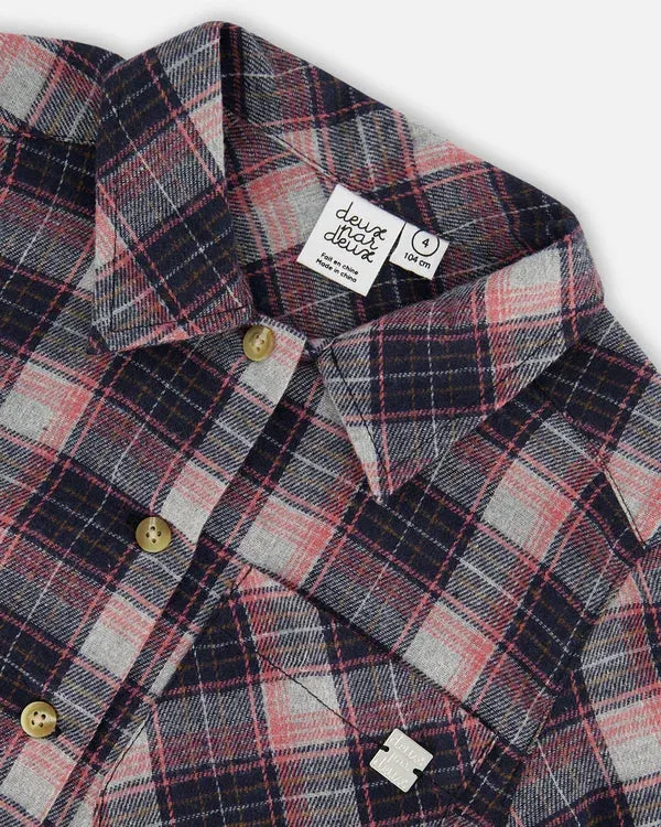 deux par deux Girls Long Sleeve Button Front Tunic Flannel Shirt - Plaid Navy And Pink