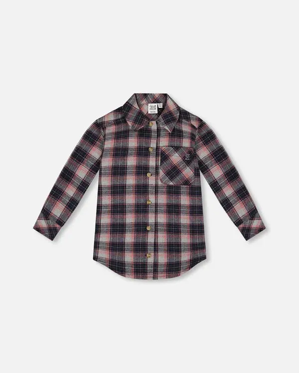 deux par deux Girls Long Sleeve Button Front Tunic Flannel Shirt - Plaid Navy And Pink