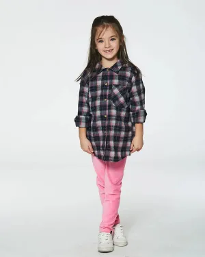 deux par deux Girls Long Sleeve Button Front Tunic Flannel Shirt - Plaid Navy And Pink