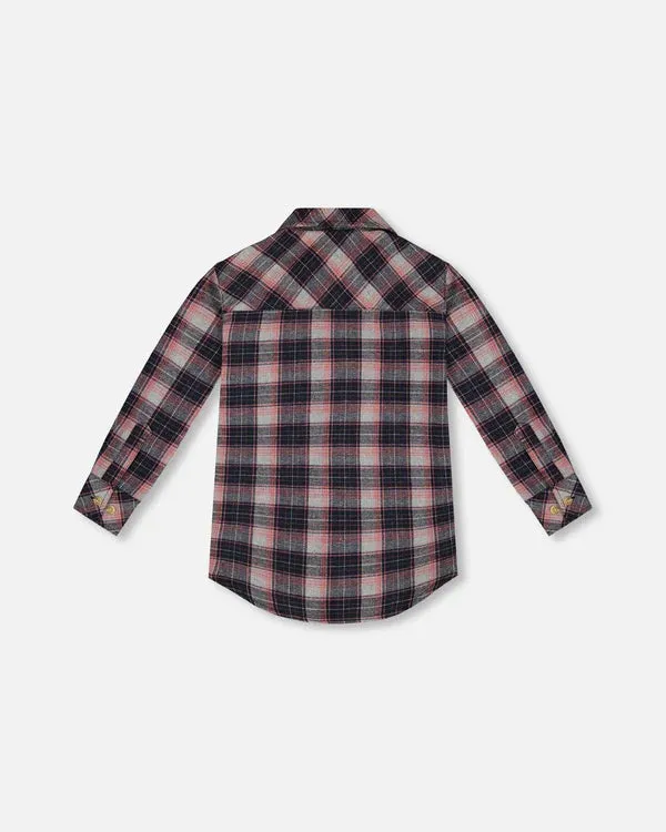 deux par deux Girls Long Sleeve Button Front Tunic Flannel Shirt - Plaid Navy And Pink