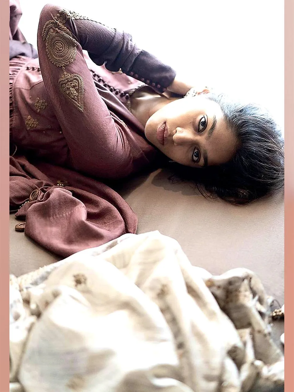 Dhruv Singh   I   kurta-pants-set-of-2-deep-plum-calf-length-kalidar-with-hand-embroidery-black-beige-pants