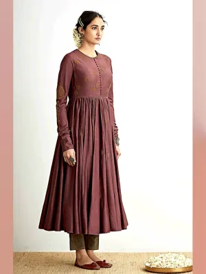 Dhruv Singh   I   kurta-pants-set-of-2-deep-plum-calf-length-kalidar-with-hand-embroidery-black-beige-pants