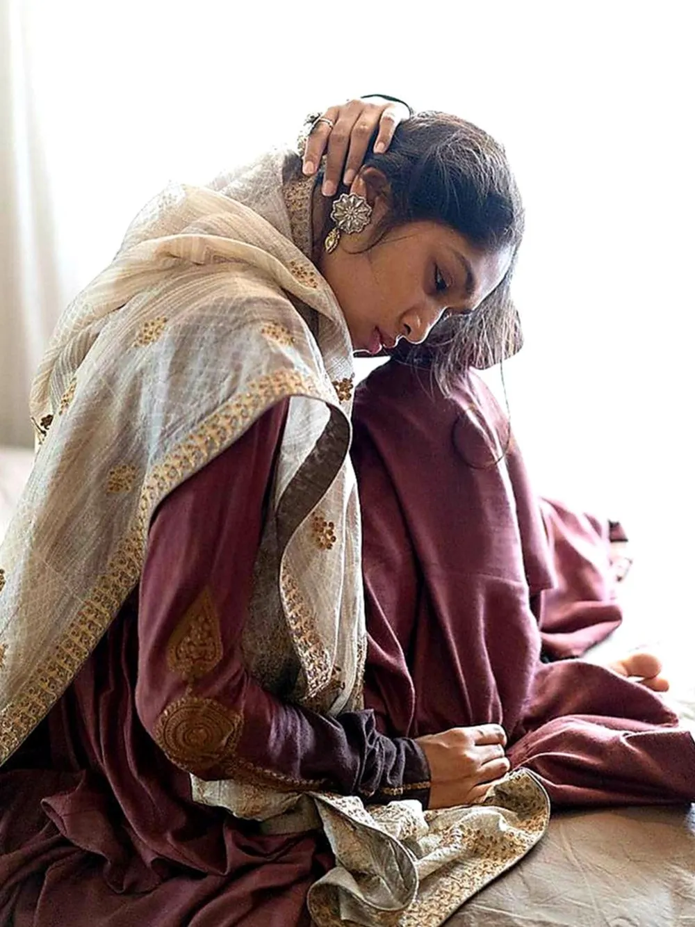 Dhruv Singh   I   kurta-pants-set-of-2-deep-plum-calf-length-kalidar-with-hand-embroidery-black-beige-pants