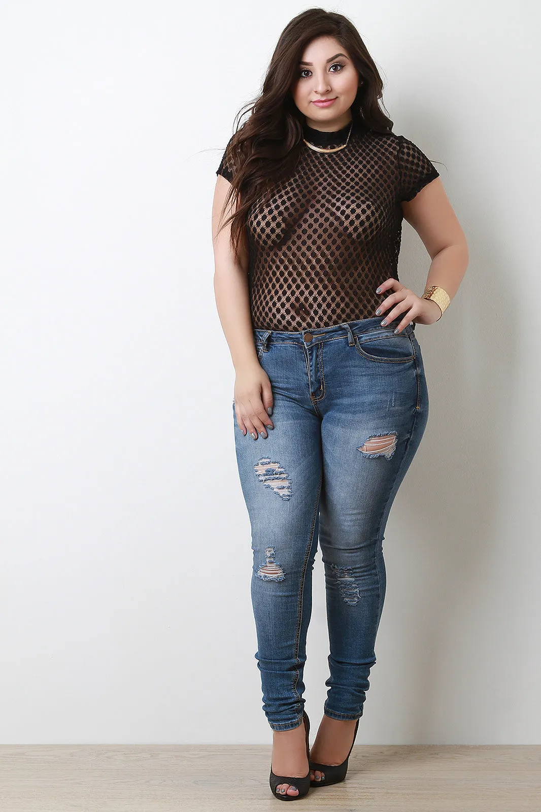 Dotted Mesh Short Sleeves Mock Neck Bodysuit