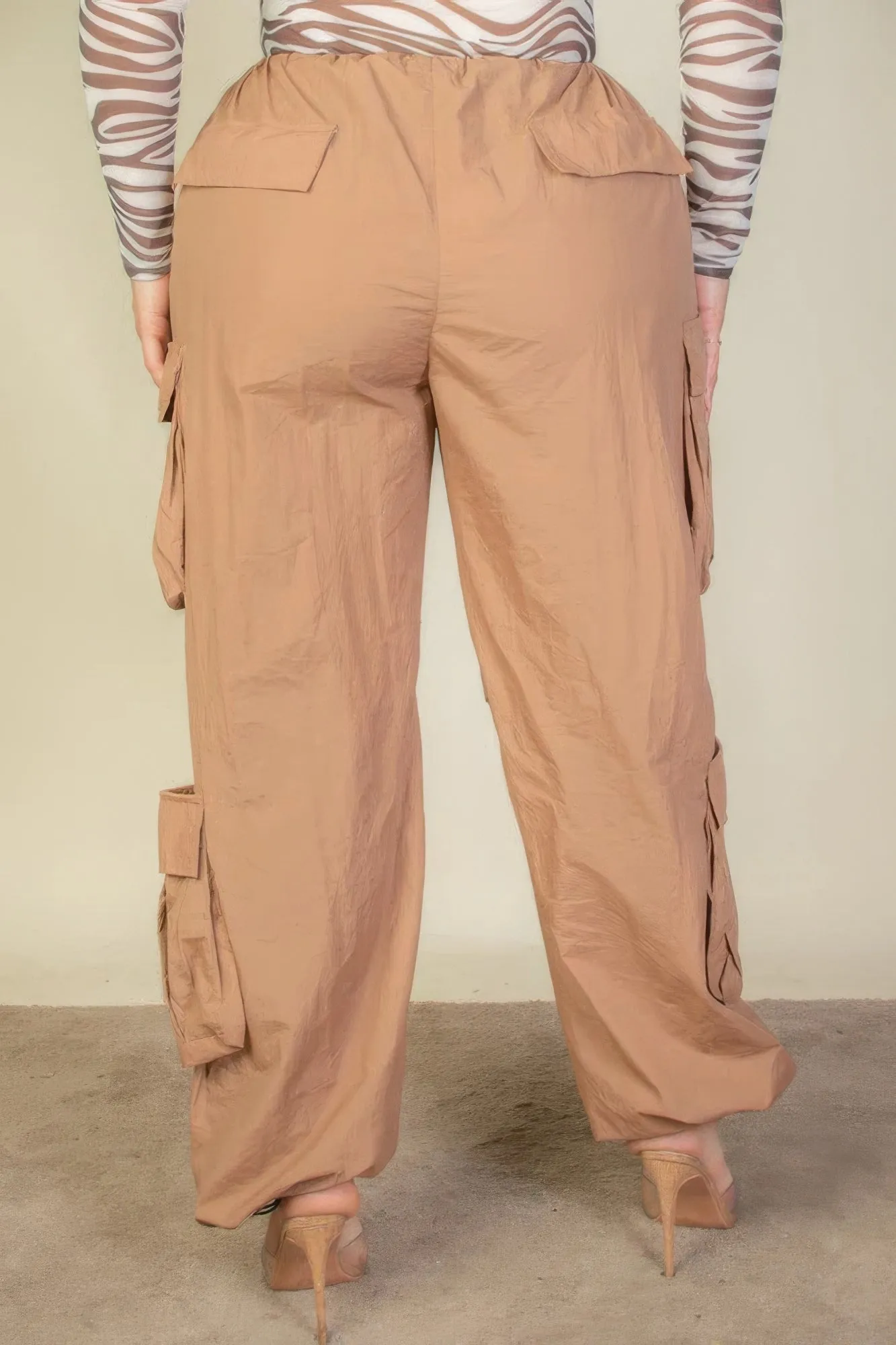 Drawstring Waist Parachute Plus Pants with Flap Pockets