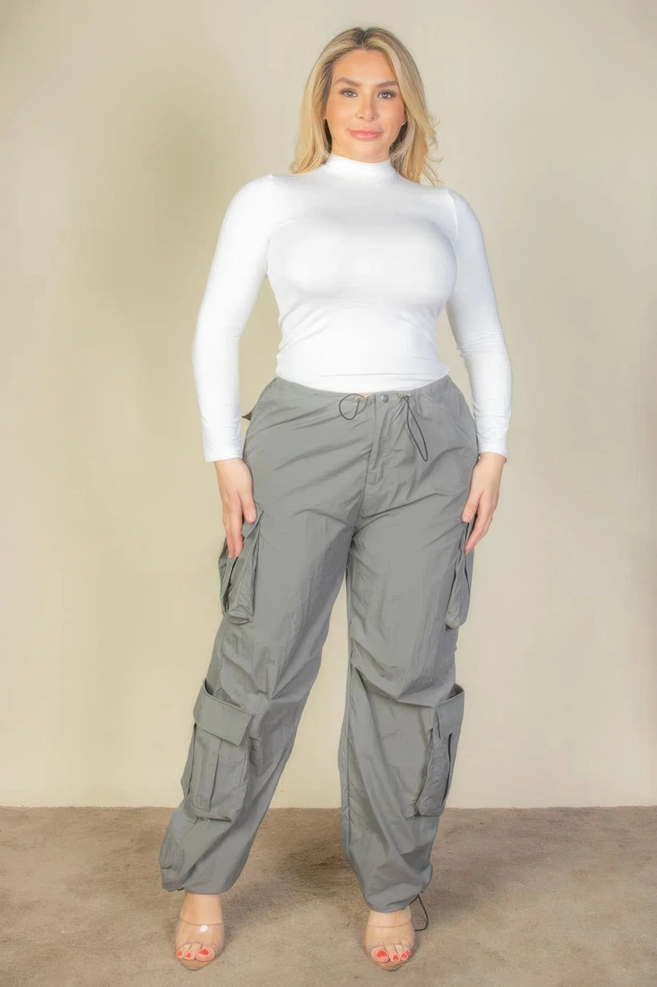 Drawstring Waist Parachute Plus Pants with Flap Pockets