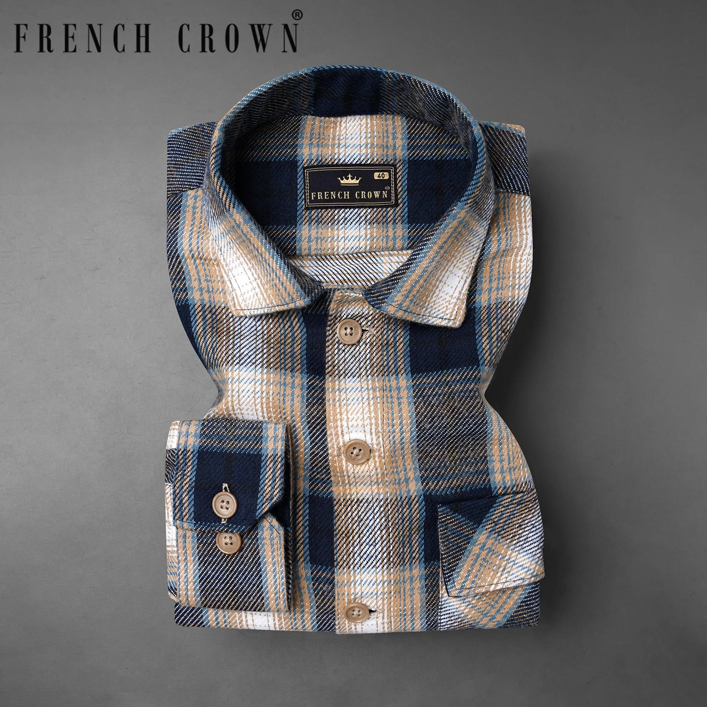 Ebony Clay Navy Blue and Sandrift Brown Plaid Flannel Designer Over Shirt
