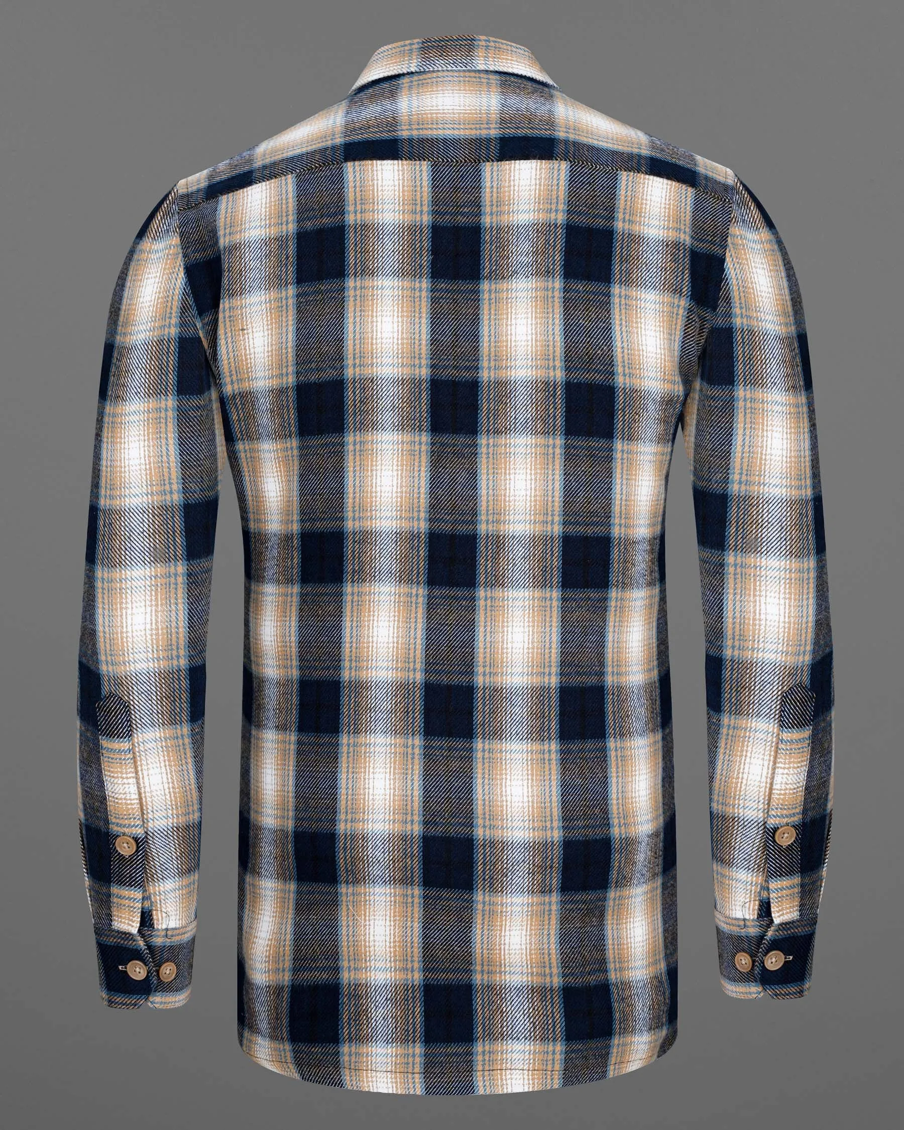 Ebony Clay Navy Blue and Sandrift Brown Plaid Flannel Designer Over Shirt