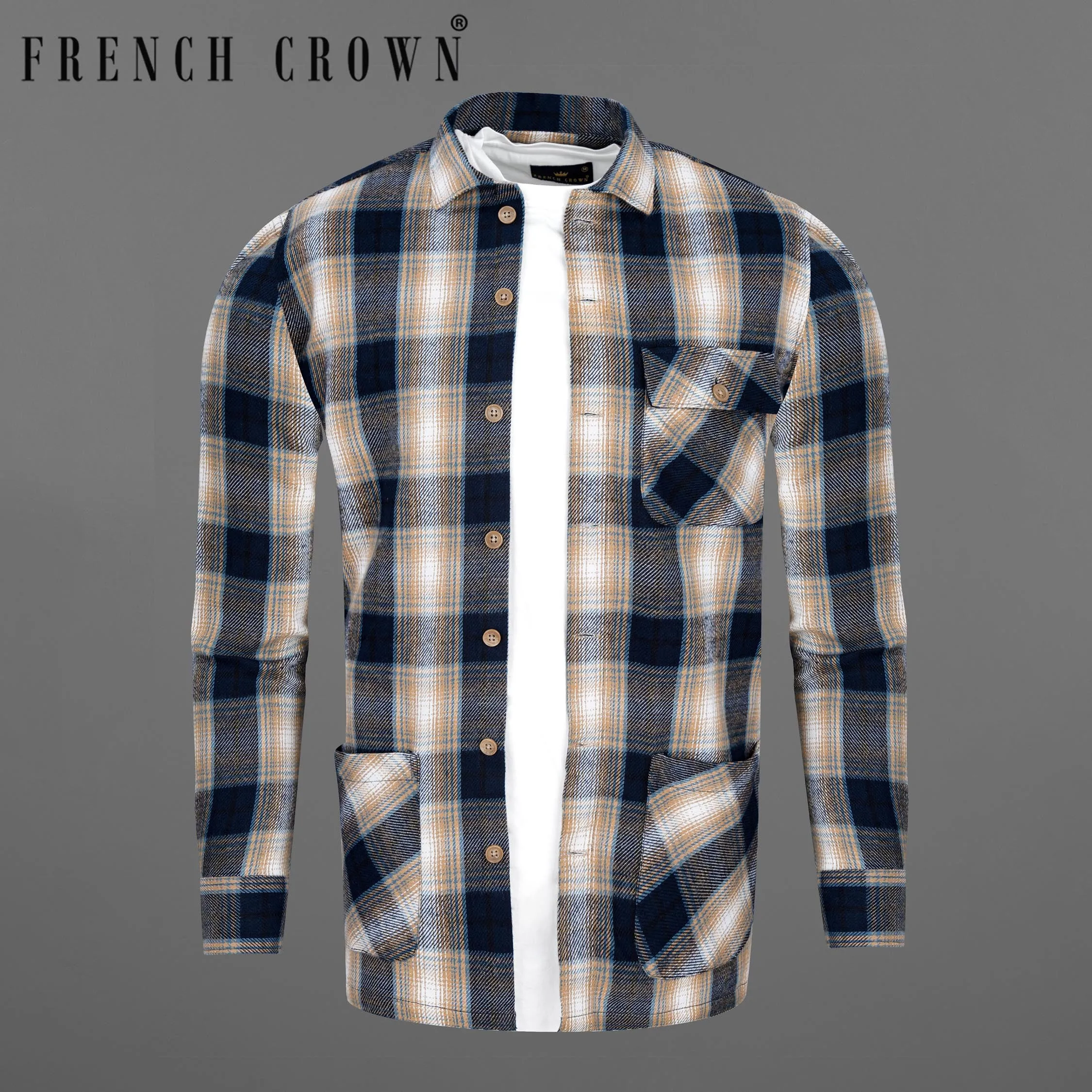 Ebony Clay Navy Blue and Sandrift Brown Plaid Flannel Designer Over Shirt