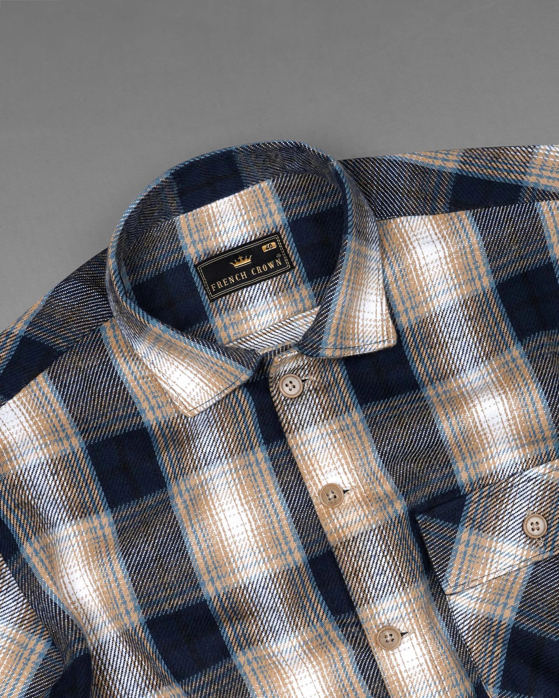 Ebony Clay Navy Blue and Sandrift Brown Plaid Flannel Designer Over Shirt