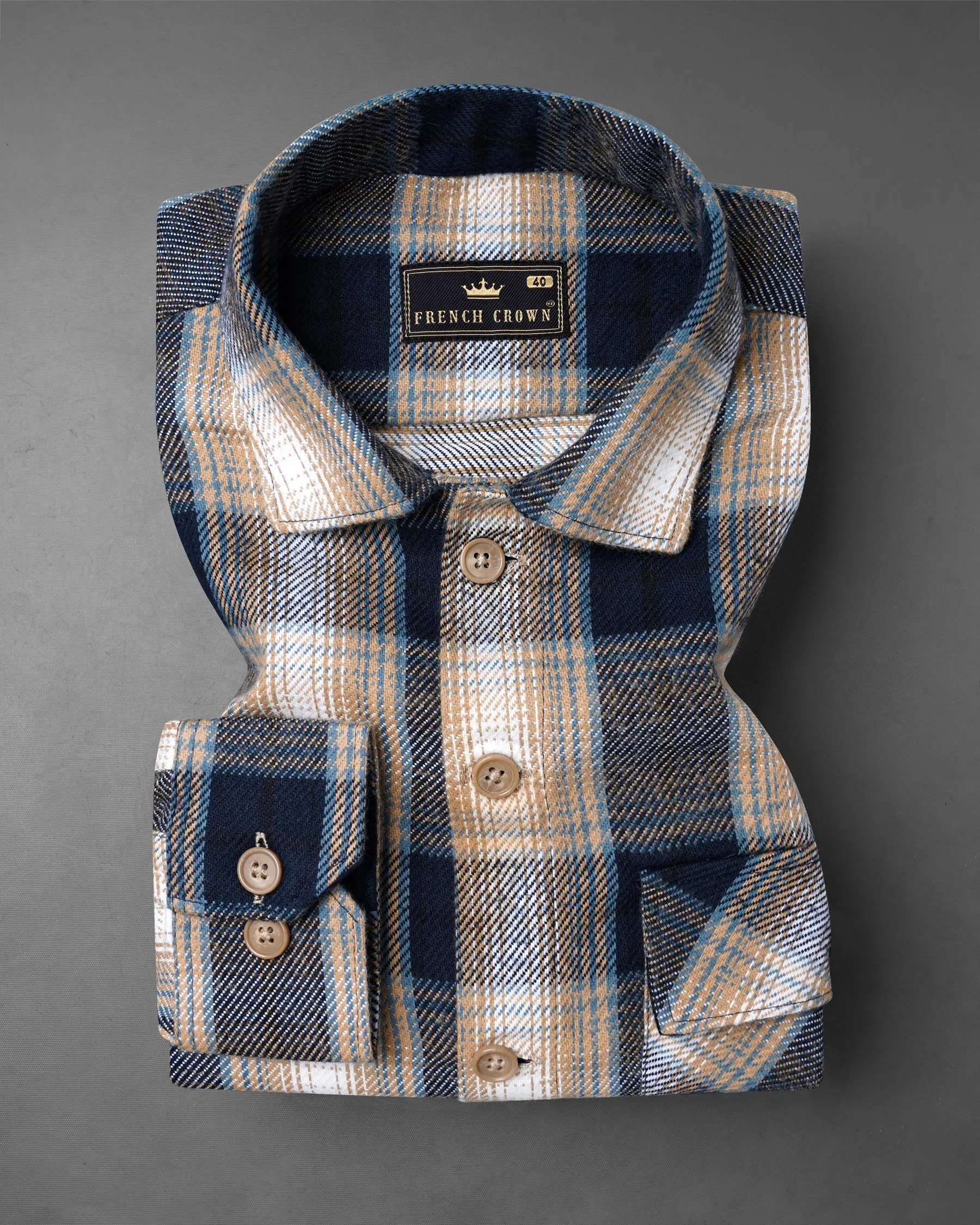 Ebony Clay Navy Blue and Sandrift Brown Plaid Flannel Designer Over Shirt
