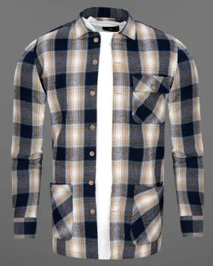 Ebony Clay Navy Blue and Sandrift Brown Plaid Flannel Designer Over Shirt
