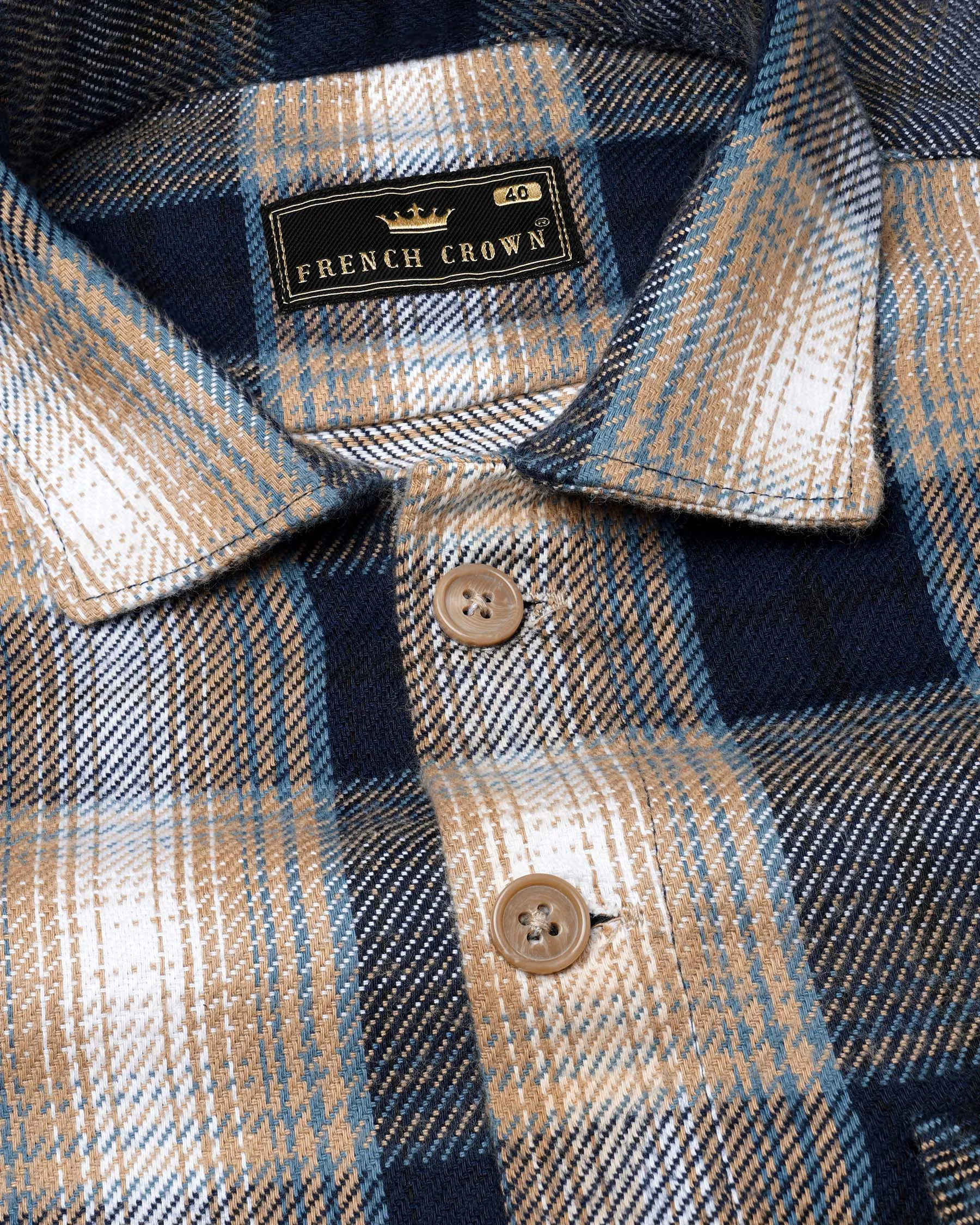 Ebony Clay Navy Blue and Sandrift Brown Plaid Flannel Designer Over Shirt