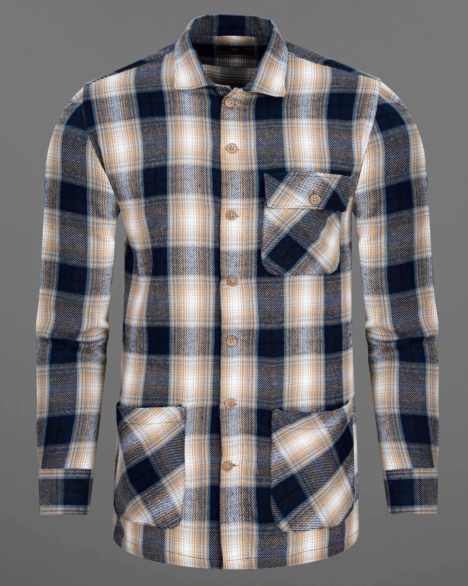 Ebony Clay Navy Blue and Sandrift Brown Plaid Flannel Designer Over Shirt