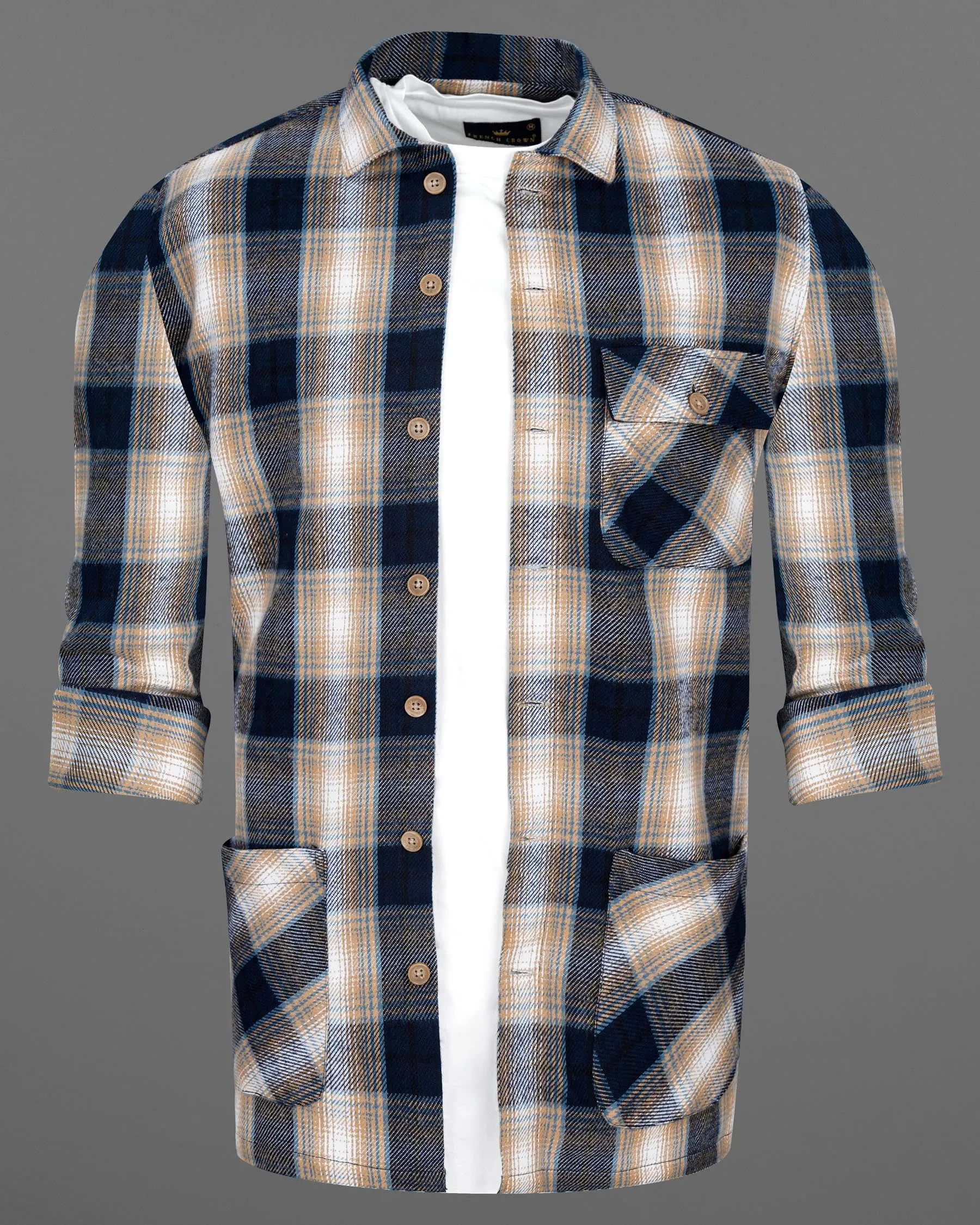 Ebony Clay Navy Blue and Sandrift Brown Plaid Flannel Designer Over Shirt