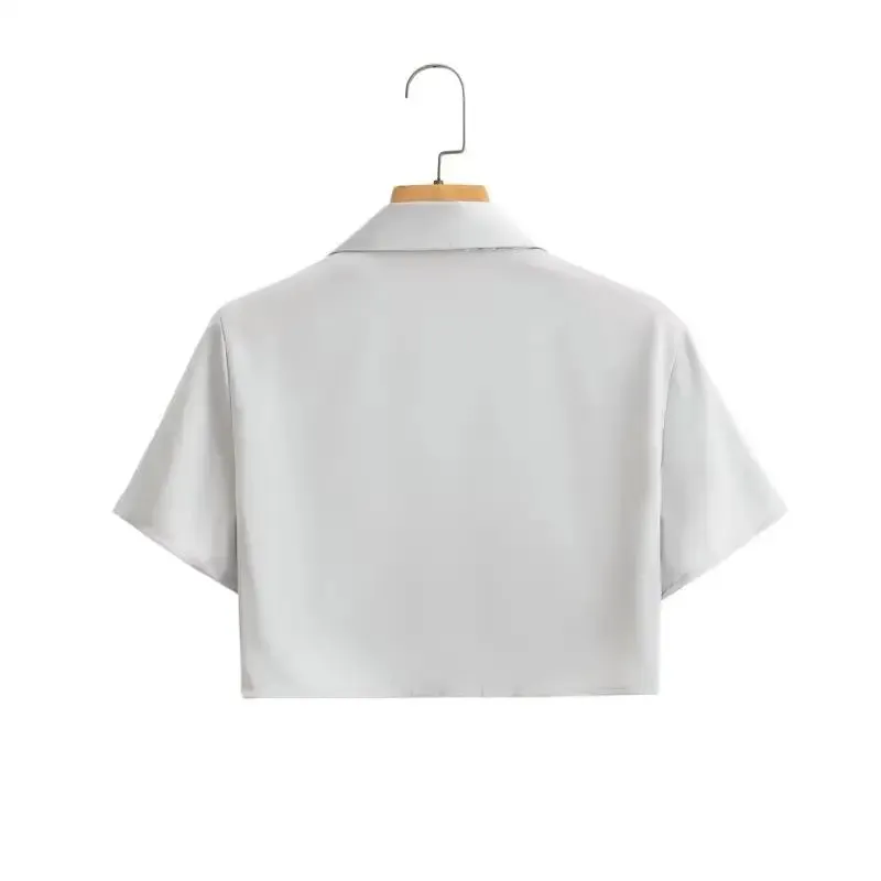 Edge Grey V Neck Turn Down Collar Buttons Up Short Sleeve Crop Top
