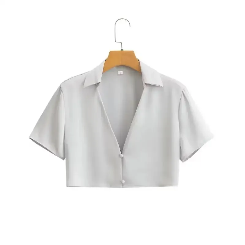 Edge Grey V Neck Turn Down Collar Buttons Up Short Sleeve Crop Top