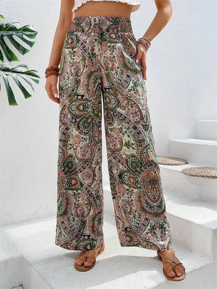 Elastic Waist Boho Ethnic Printed Pants for Ladies