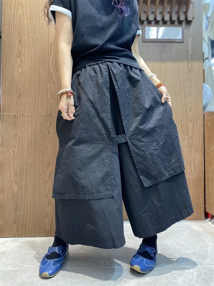 Elastic Waist Casual Culottes Women's Cotton Wide Leg Pants