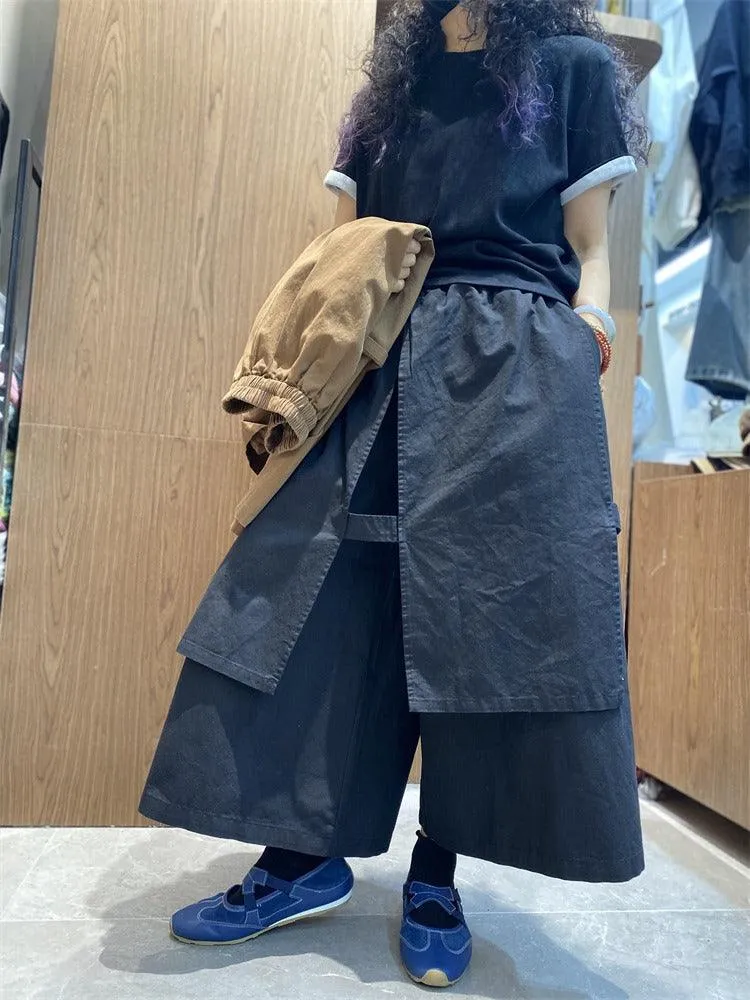 Elastic Waist Casual Culottes Women's Cotton Wide Leg Pants