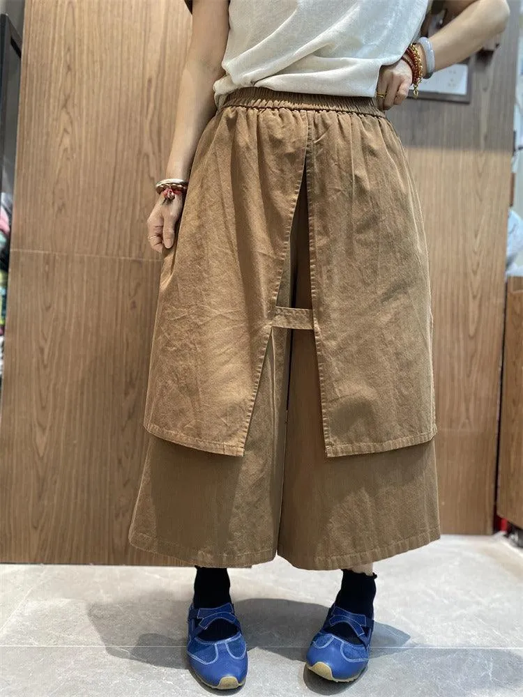 Elastic Waist Casual Culottes Women's Cotton Wide Leg Pants
