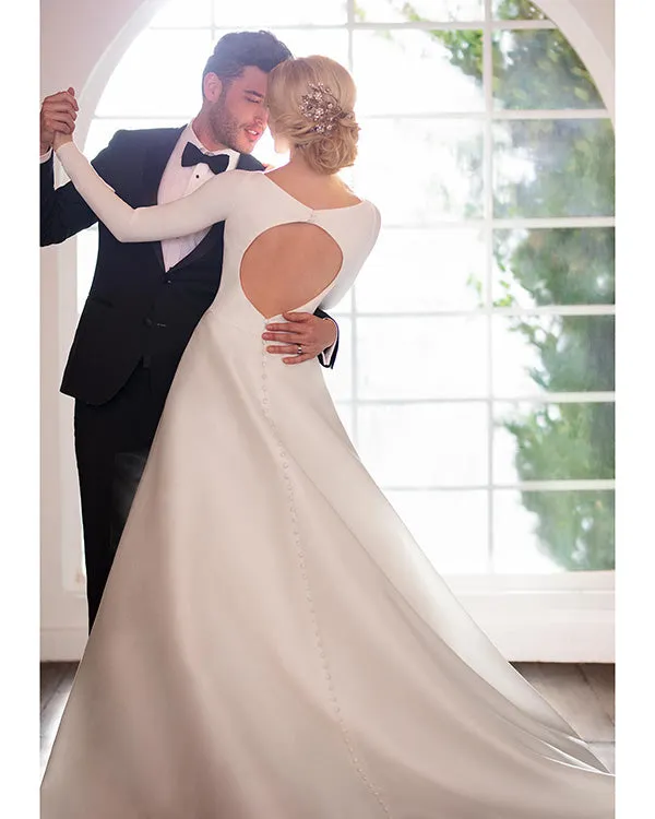 Elegant 2020 Satin Wedding Dresses Long Sleeve A-line Bridal Gowns with Boat Neck