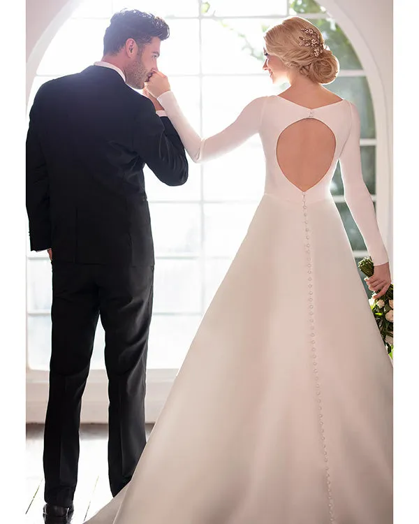 Elegant 2020 Satin Wedding Dresses Long Sleeve A-line Bridal Gowns with Boat Neck