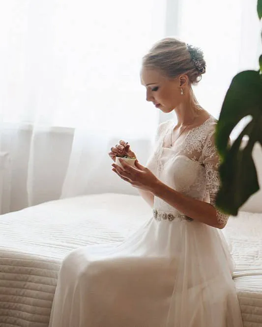 Elegant A-line Bridal Dresses Chiffon Skirt Beaded Belt Sheer Sleeves Romantic Wedding Gowns
