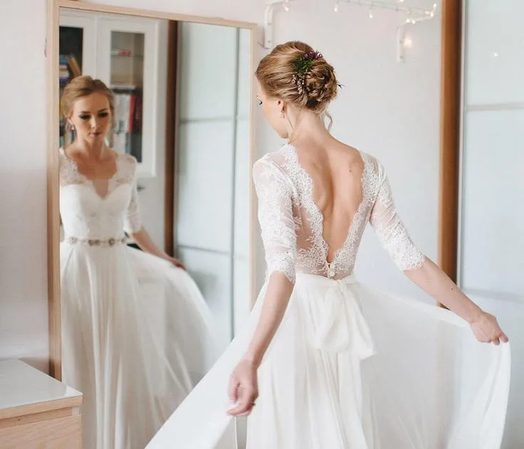 Elegant A-line Bridal Dresses Chiffon Skirt Beaded Belt Sheer Sleeves Romantic Wedding Gowns