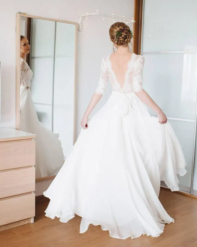 Elegant A-line Bridal Dresses Chiffon Skirt Beaded Belt Sheer Sleeves Romantic Wedding Gowns