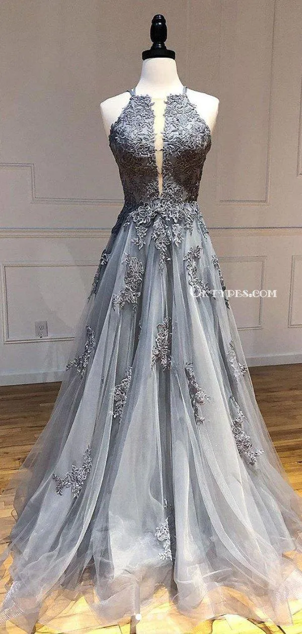 Elegant Halter Sleeveless Grey Organza Lace Appliqued A-line Long Cheap Backless Prom Dresses, PDS0081