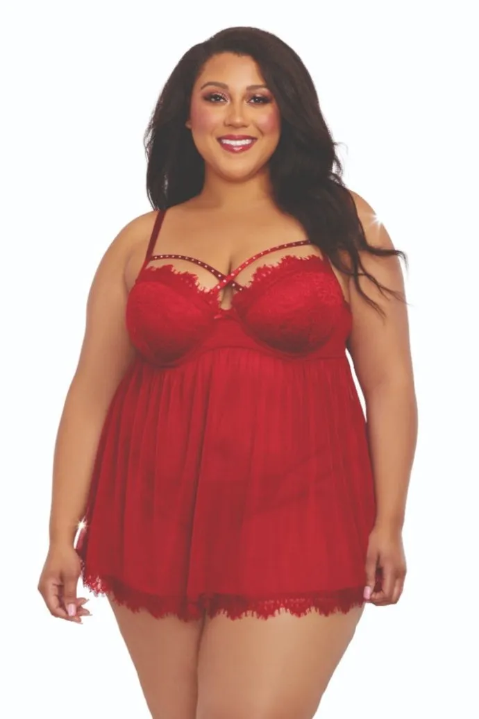 Elegant Plus Size Lace Babydoll with Rhinestones