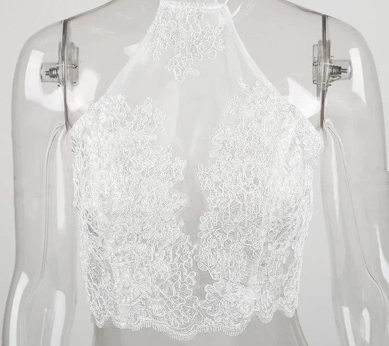 Elegant white lace crop topbeach party backless short halter tops gauze gold camis Metallic women tank top