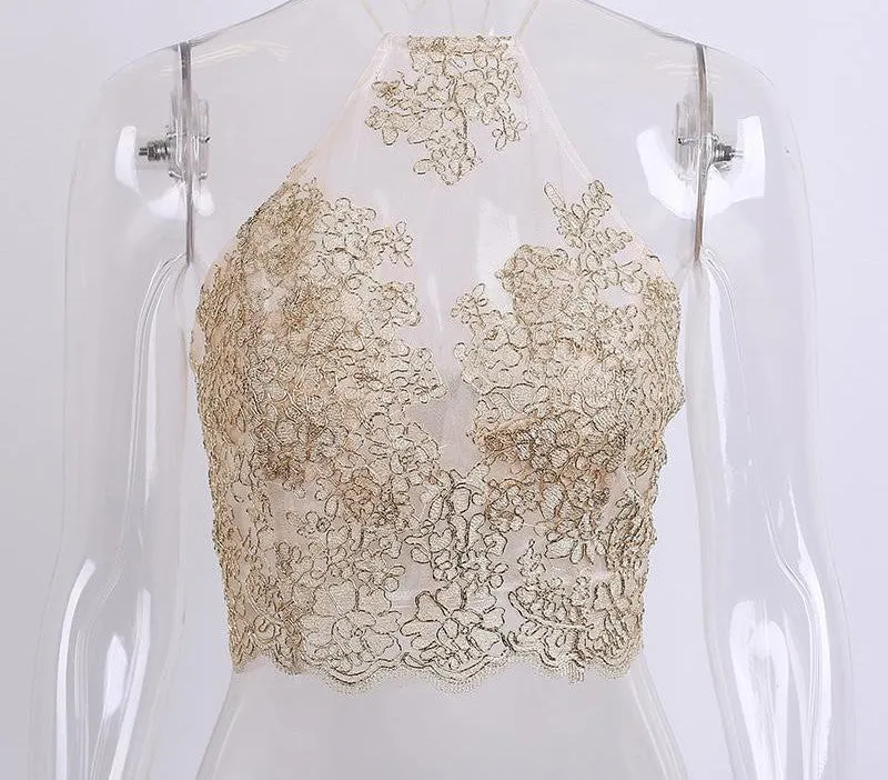 Elegant white lace crop topbeach party backless short halter tops gauze gold camis Metallic women tank top