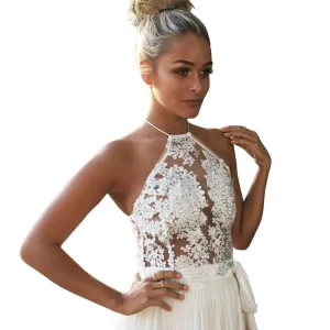 Elegant white lace crop topbeach party backless short halter tops gauze gold camis Metallic women tank top