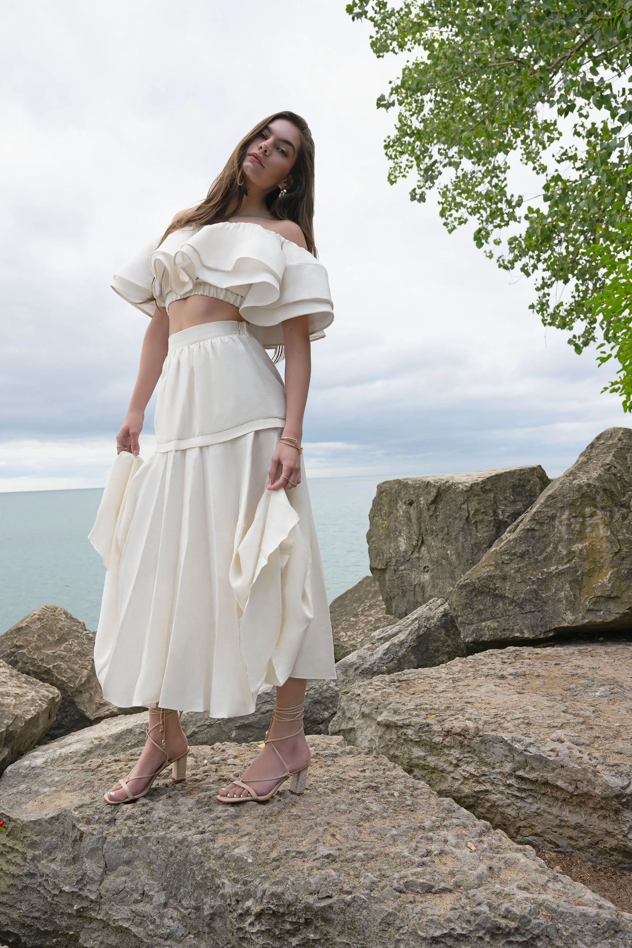 Eliza Linen Off-Shoulder Ruffle Crop Top