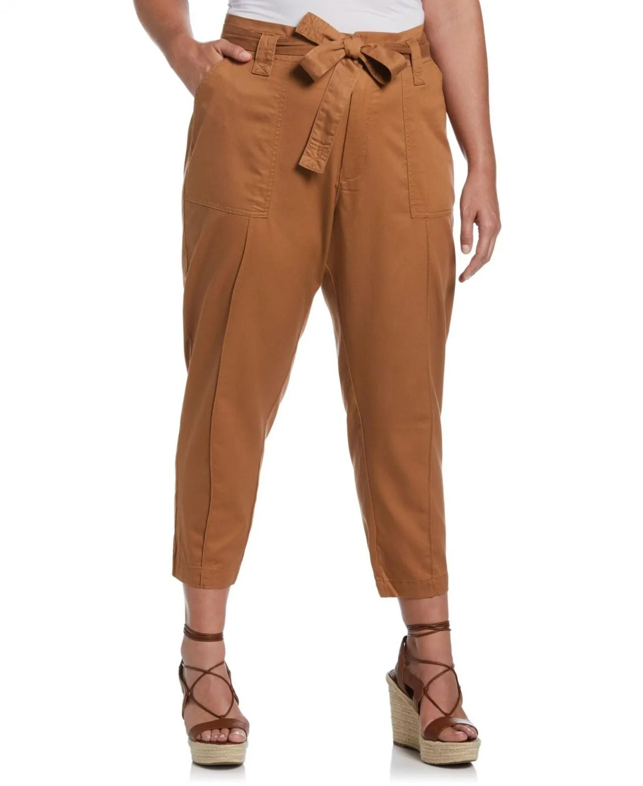Ella Rafaella Plus Size Twill Crop Pants with Removable Tie Belt LRBMC006R2